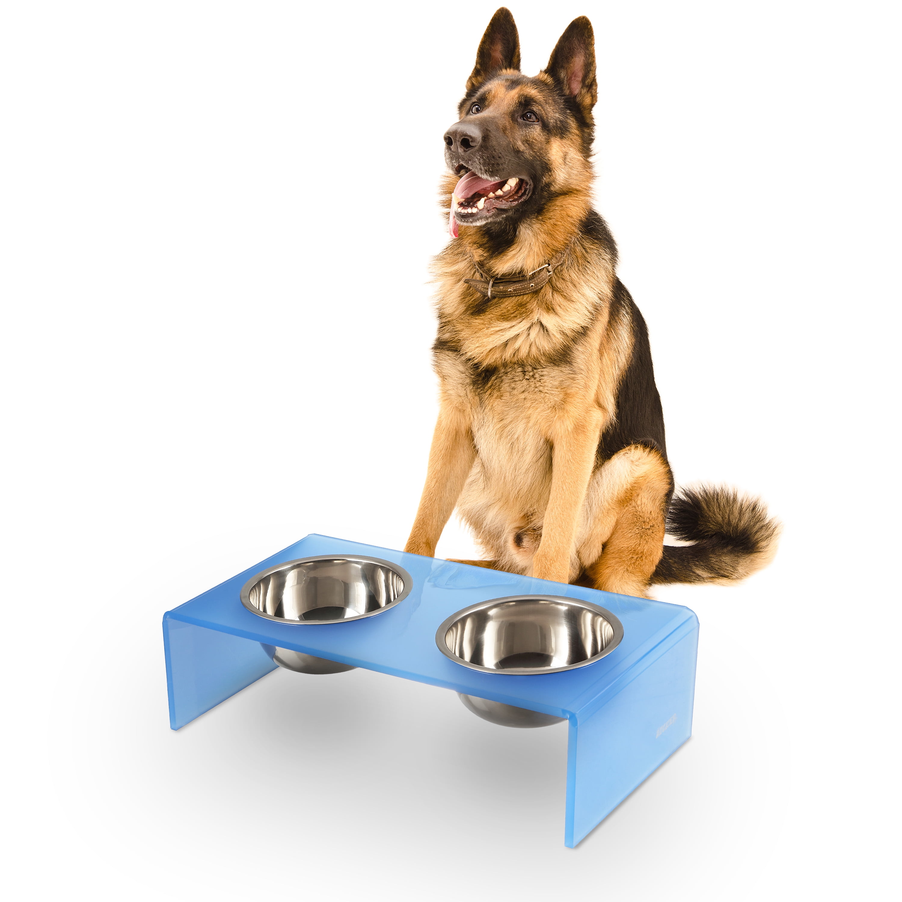 THE LICKER STORE Keaton 7.5" Medium/Large Modern Acrylic Rectangular Elevated Pet Feeder with 54oz 2-Stainless Steel Bowls, Blue/Chrome, DBL2001C