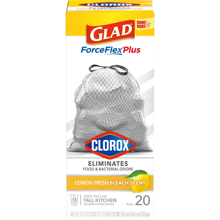 Glad ForceFlexPlus with Clorox 13 Gallon Tall Kitchen Trash Bags, Lemon  Fresh Bleach Scent, 20 Bags 