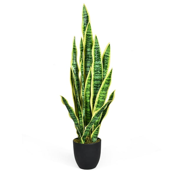 Costway Planta artificial sansevieria falsa de 90 cm con serpiente y maceta y 20 hojas, agave falsa planta falsa para casa jardín oficina, amarilla