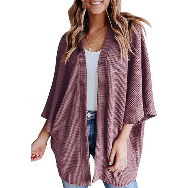 LinYooLi Women's Kimono Open Front Waffle Knit Cardigans Solid Sweater Batwing Sleeve Shawl Collared Soft Slouchy Cloak
