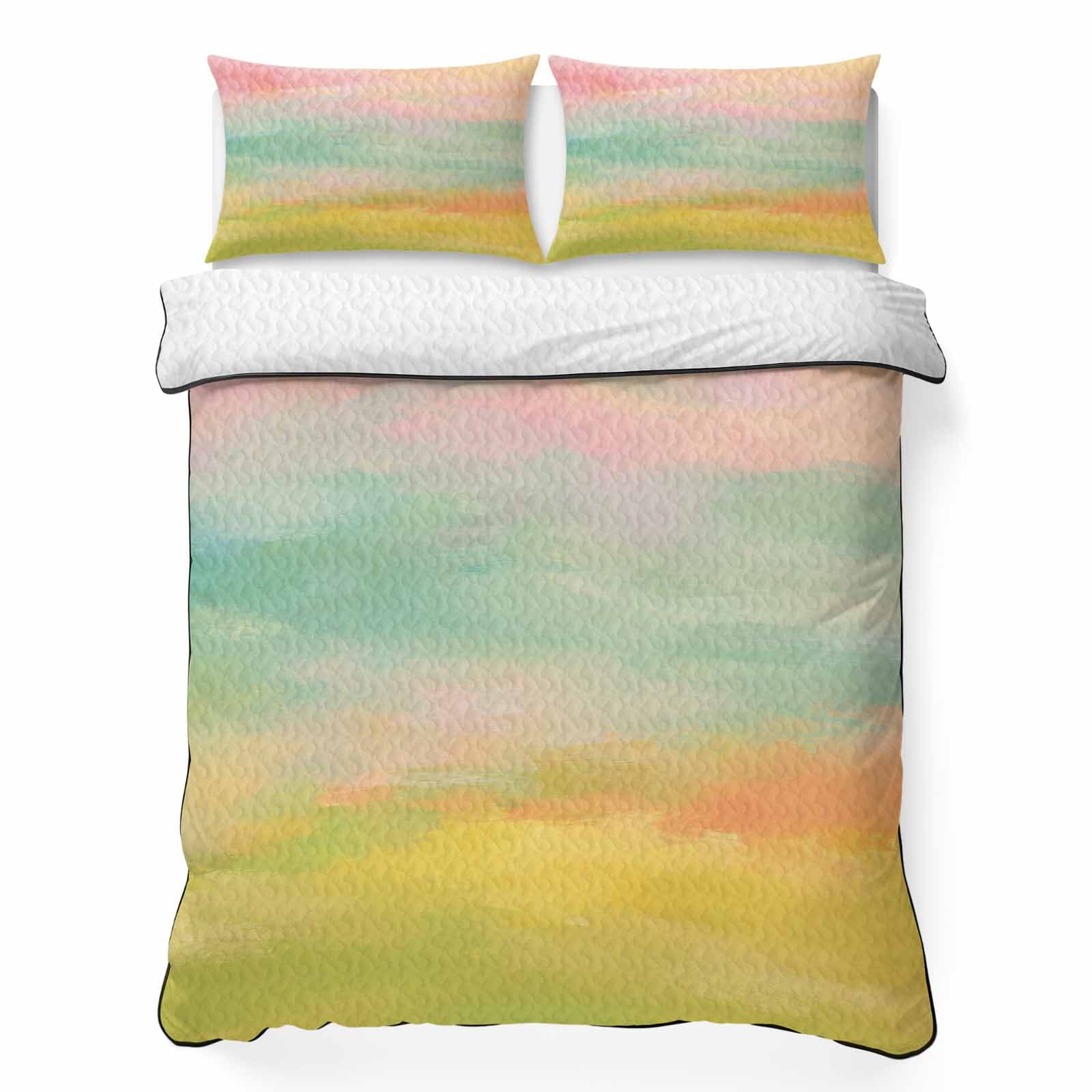 Quilts Queen Size Bedding Set Pink Yellow Sunset Lightweight Quilted Comforter Boho Gradient Cloud Vintage Romantic Sky Reversible Bedspread Coverlet with Pillow Covers for All Season 90 x 96