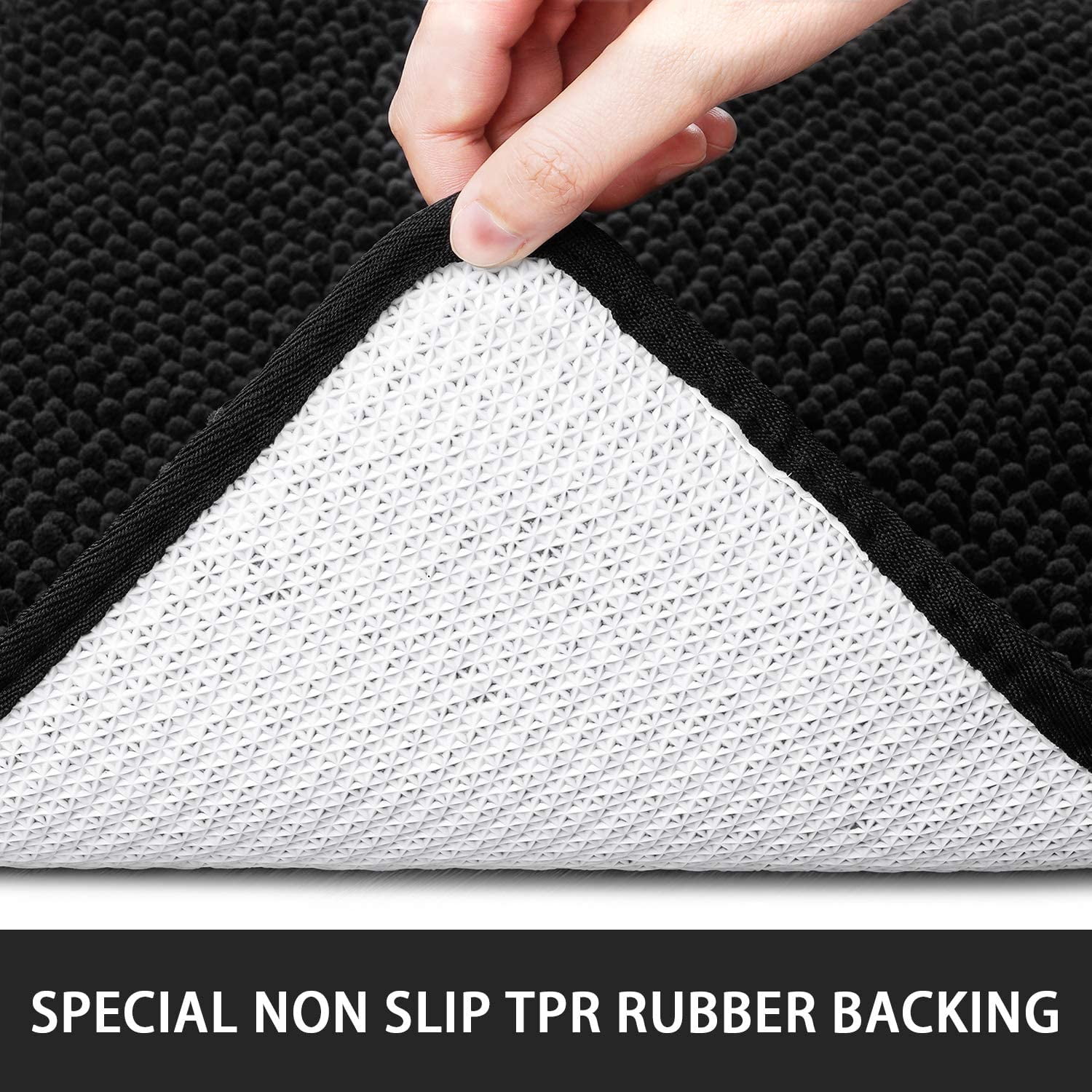 Junovo Soft Luxury Chenille Bathroom Mats, Non-Slip and Absorbent Throw Rugs for Bath Tub, Plush Microfiber Shower Rug,24"x36",Black