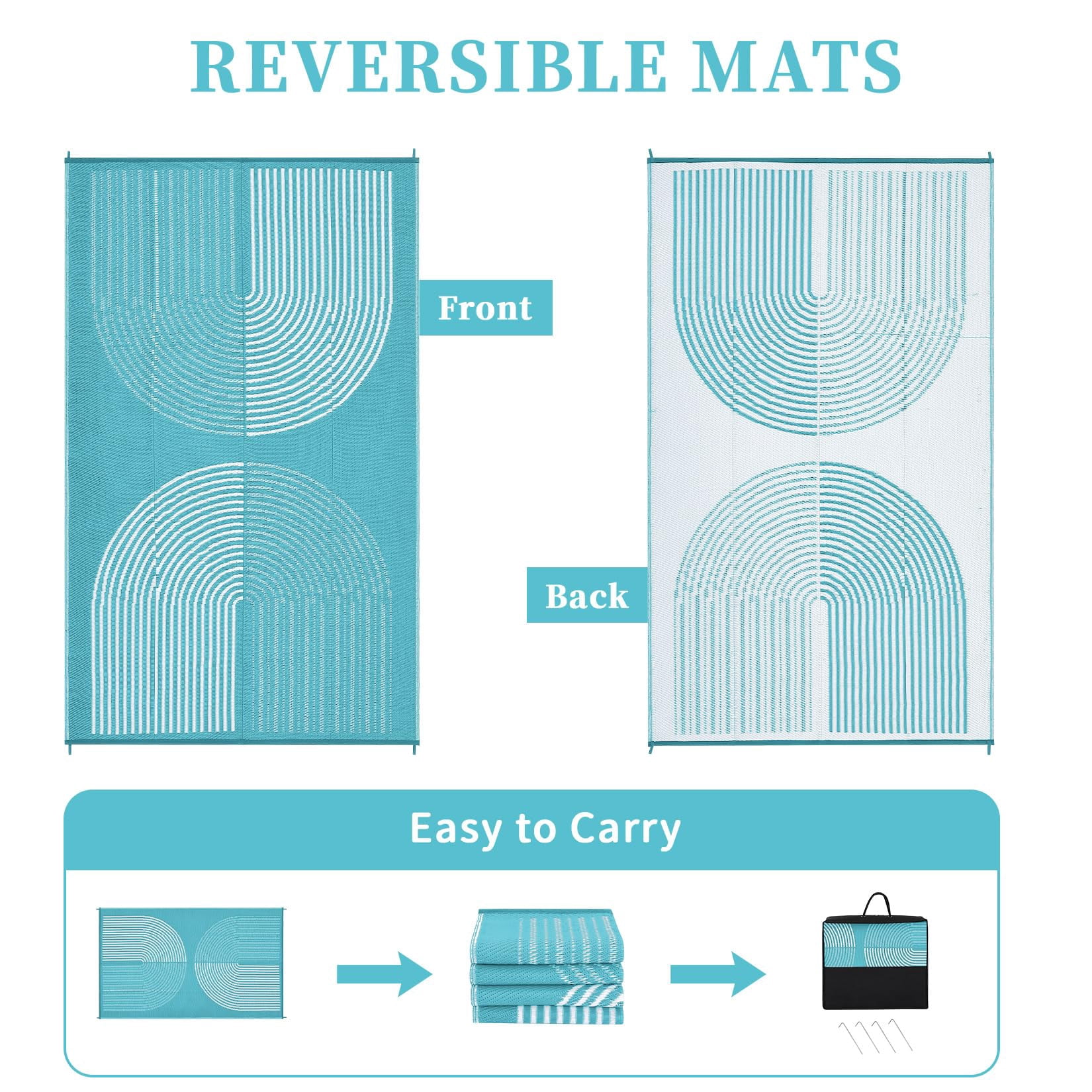 Kicctian Outdoor Rug 6x9 ft Waterproof Plastic Straw Rug for Patio, UV Resistant Reversible Floor Carpet Outside Portable RV Camping Pat for Balcony, Porch, Backyard, Light Blue & White