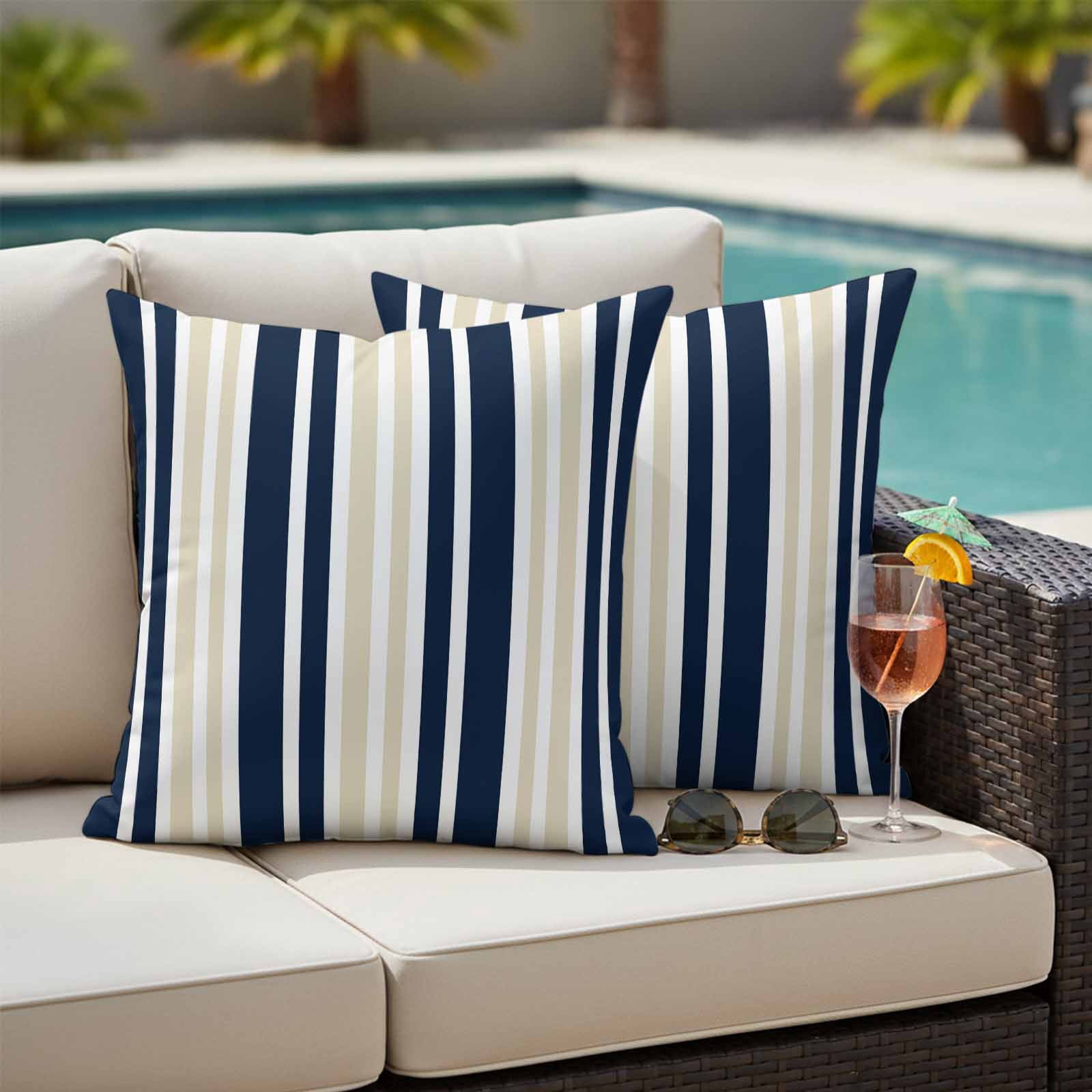 Navy Blue Khaki Striped Outdoor Waterproof Pillow Covers, Modern Minimalist Ombre Lines Decorative Square Throw Pillowcase Sofa Cushion Sham for Patio/Couch/Chair, 20"x20" 2 Pack