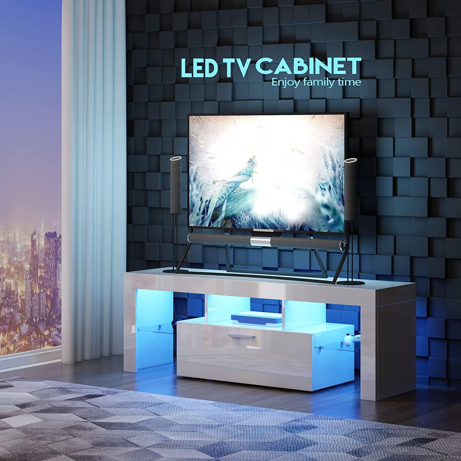 PAPROOS TV Stand for TVs up to 55", High Gloss TV Cabinet with LED Light, Modern TV Console Table with Storage Drawers, Media Television Stand Entertainment Center, White