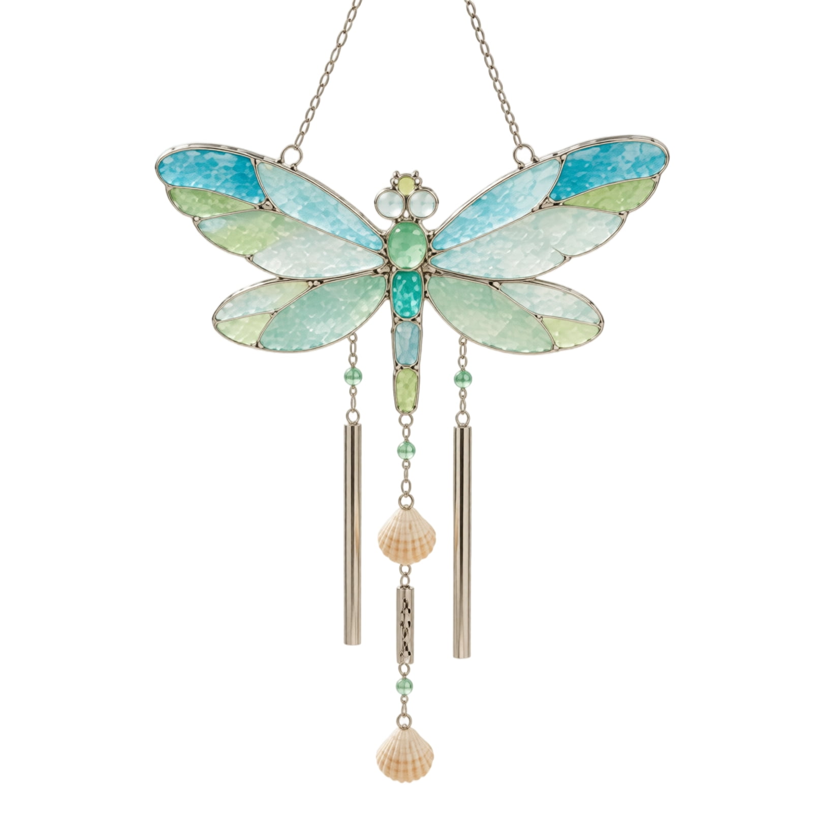 Dragonfly Sea Glass Wind Chime Acrylic Stained Glass Suncatcher With Shell Bead Accents 10 Melodic Metal Tube Hanging Ornament For Window Patio Garden Porch Home Decor