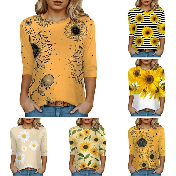 Towmus Women's 3/4 Sleeve Summer Tops Plus Size T Shirts Loose Fit Crew Neck Casual Tops Summer Sunflower Print Shirts Elbow Length Graphic Tees