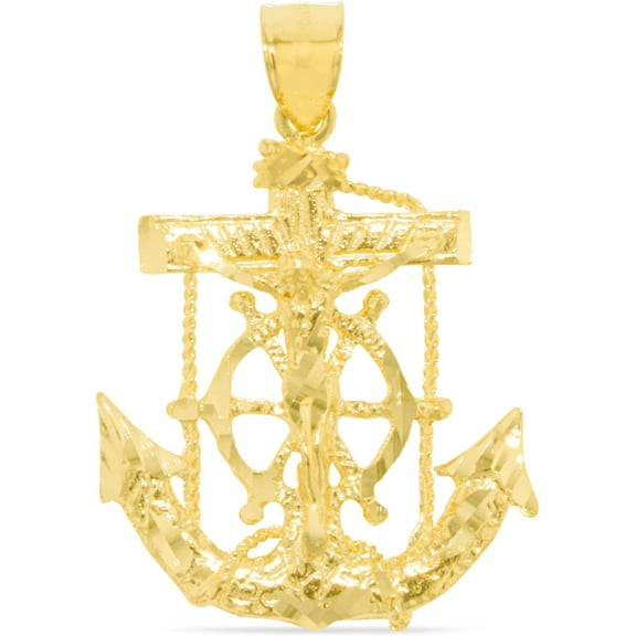 Floreo 10k Yellow Gold Jesus Christ Diamond Cut Crucifix Anchor Religious Pendant Small