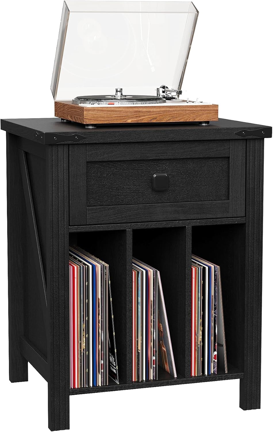 VEANERWOOD Nightstand with Drawers and Charging Station, Farmhouse Vinyl Record Storage Cabinet End Table for Bedroom Living Room