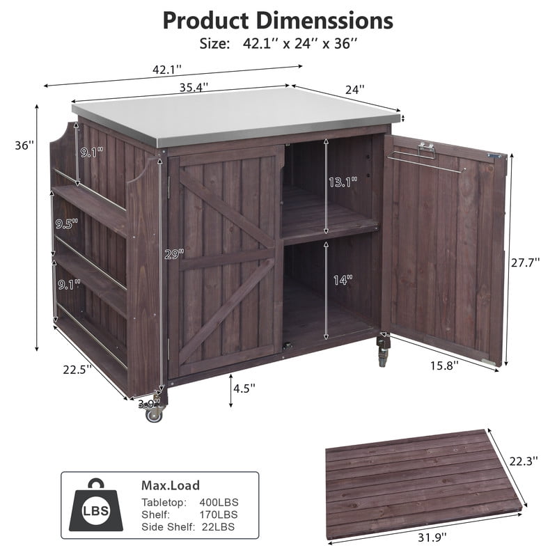 35.4''W Stainless Top Outdoor Rolling Kitchen Storage Island with Side Racks, Outdoor Grill Serving Cart with Cabinet & Adjustable Shelf