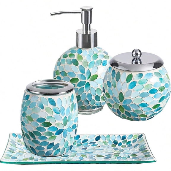 4PCs Mosaic Glass Bathroom Accories Set with Decorative Pred Pattern - Includes Hand Soap Dispenser Tumbler Soap Dish Toothbrush Holder Green