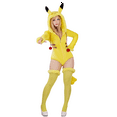 thumbnail image 3 of MOBBUNNY PM Derivative Yellow Fluffy Bodycon Romper Hooded Bodysuit with Thigh socks and Choker, L, 3 of 11