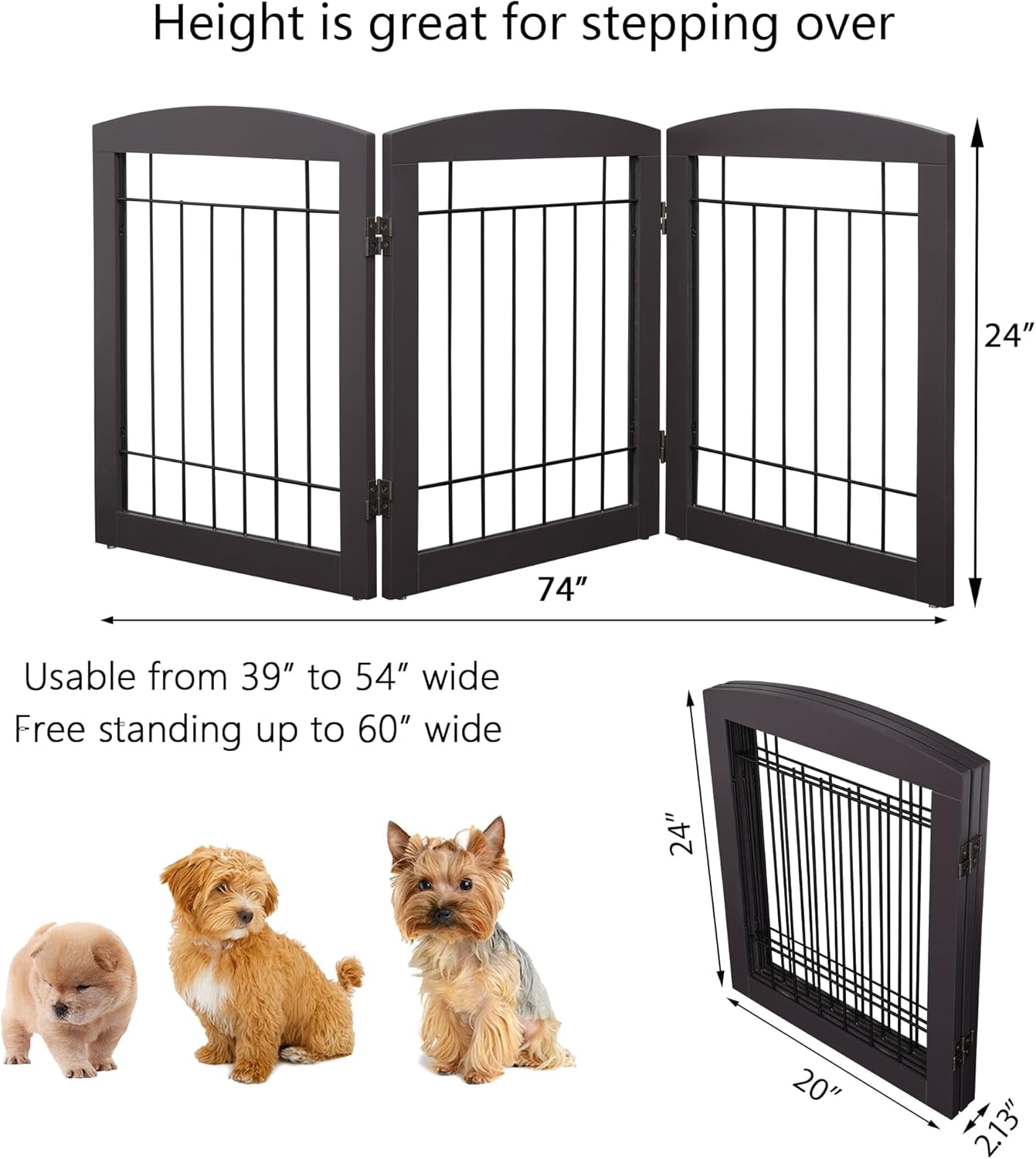 Free Standing Dog Gates for The House Stairs Doorways Indoor Foldable Wooden Small White Puppy Pet Gate Step Over Fence 60" W 24" H 3 Panels Espresso