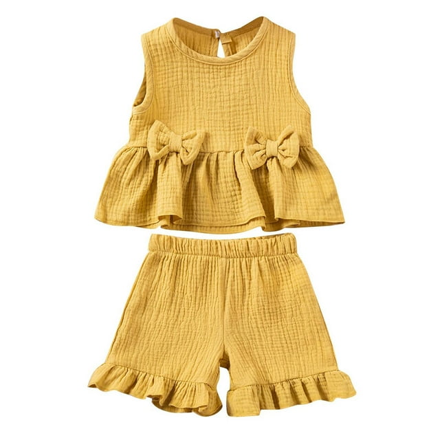 Yanlir Ensemble 2 Pcs pour Fille 0-6 Ans Mode Bébé Fille Couleur Unie Sans Manches Col Rond avec Short à Taille Élastique Ensemble d'Été (Jaune, 3 Ans)