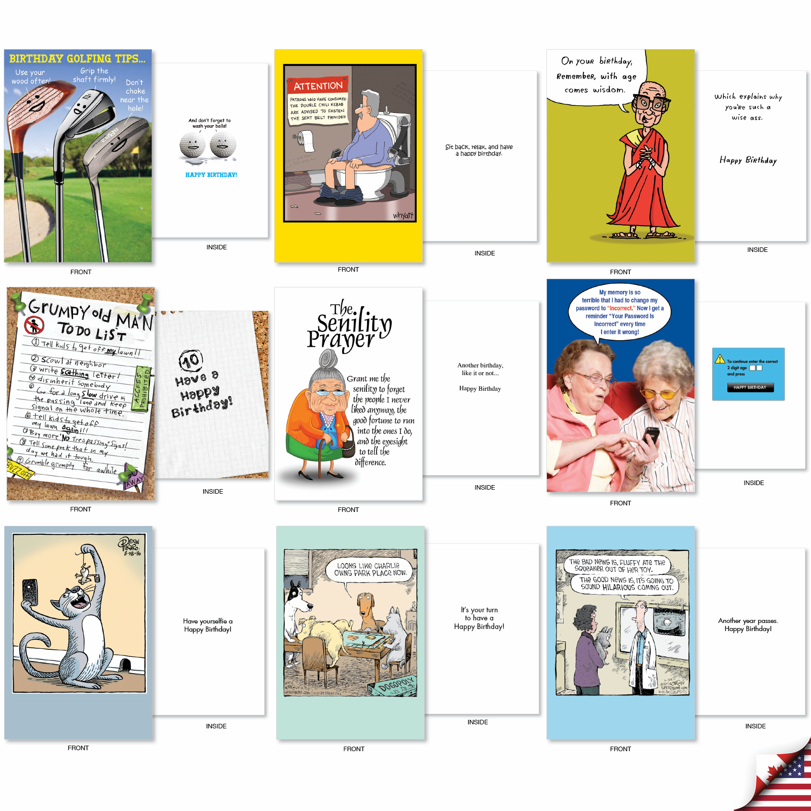 NobleWorks 36 Assorted Set Funny Birthday Greeting Cards w/ 5x7 Envelopes, 36x1 Designs, For Men, Women, Bday Birthday Favorites AC2911BDG-B1x36