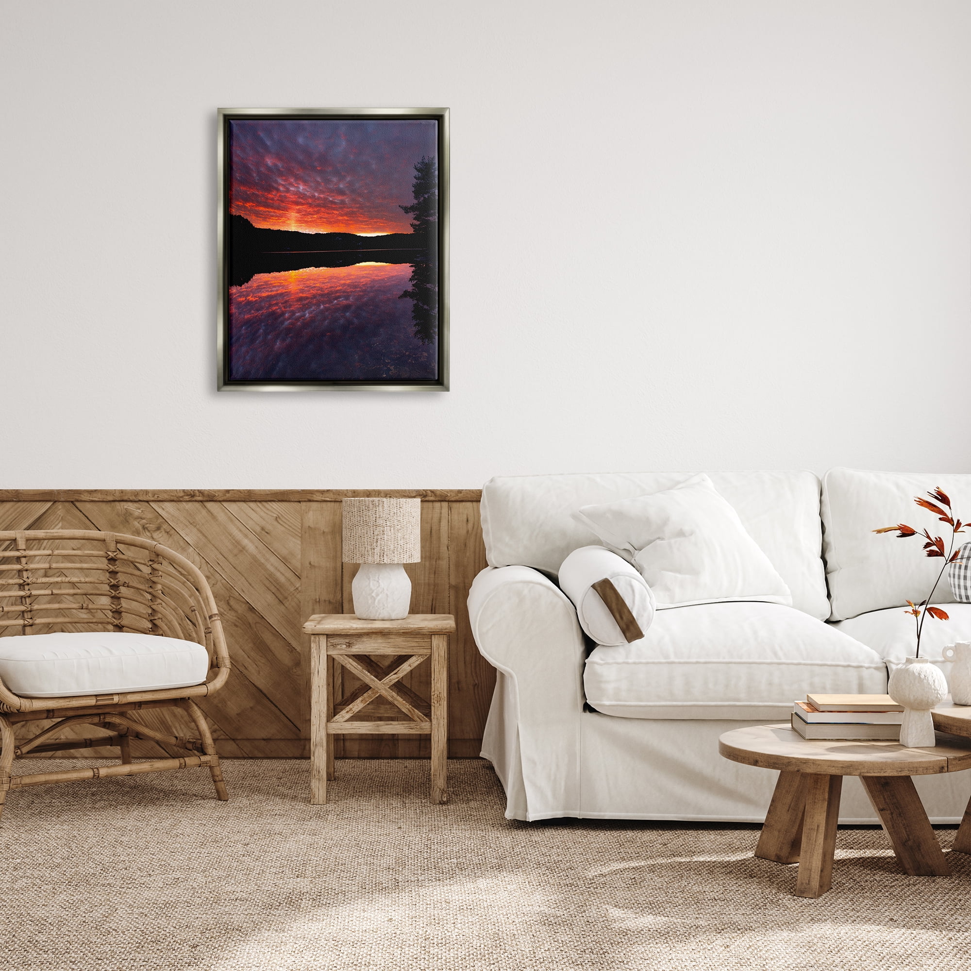 Stupell Industries Lake Sunset Reflection Nature Photography Gray Floater Framed Art Print Wall Art, 25 x 31