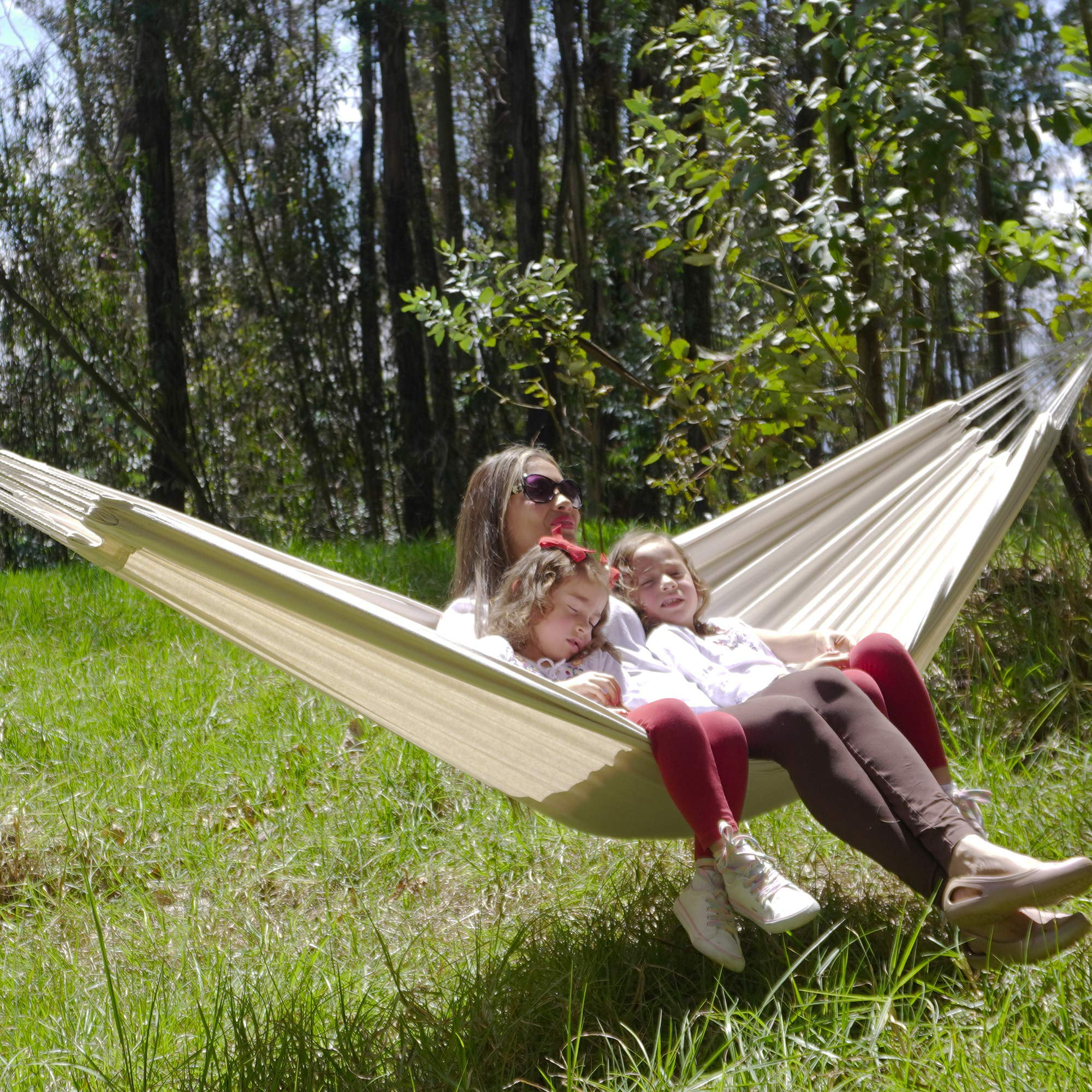 SUNCREAT 12ft Double Brazilian Wide Hammock Cotton Fabric Travel Camping Hammock with 2 Person for Indoor or Outdoor-Natural