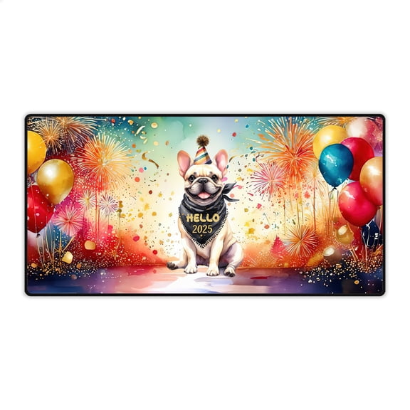 Hello 2025 French Bulldog Celebrates Happy New Year Firework Balloon Desk Mat Full Keyboard Mouse Pad Dog Lover Gifts Large Mousepad - 02024