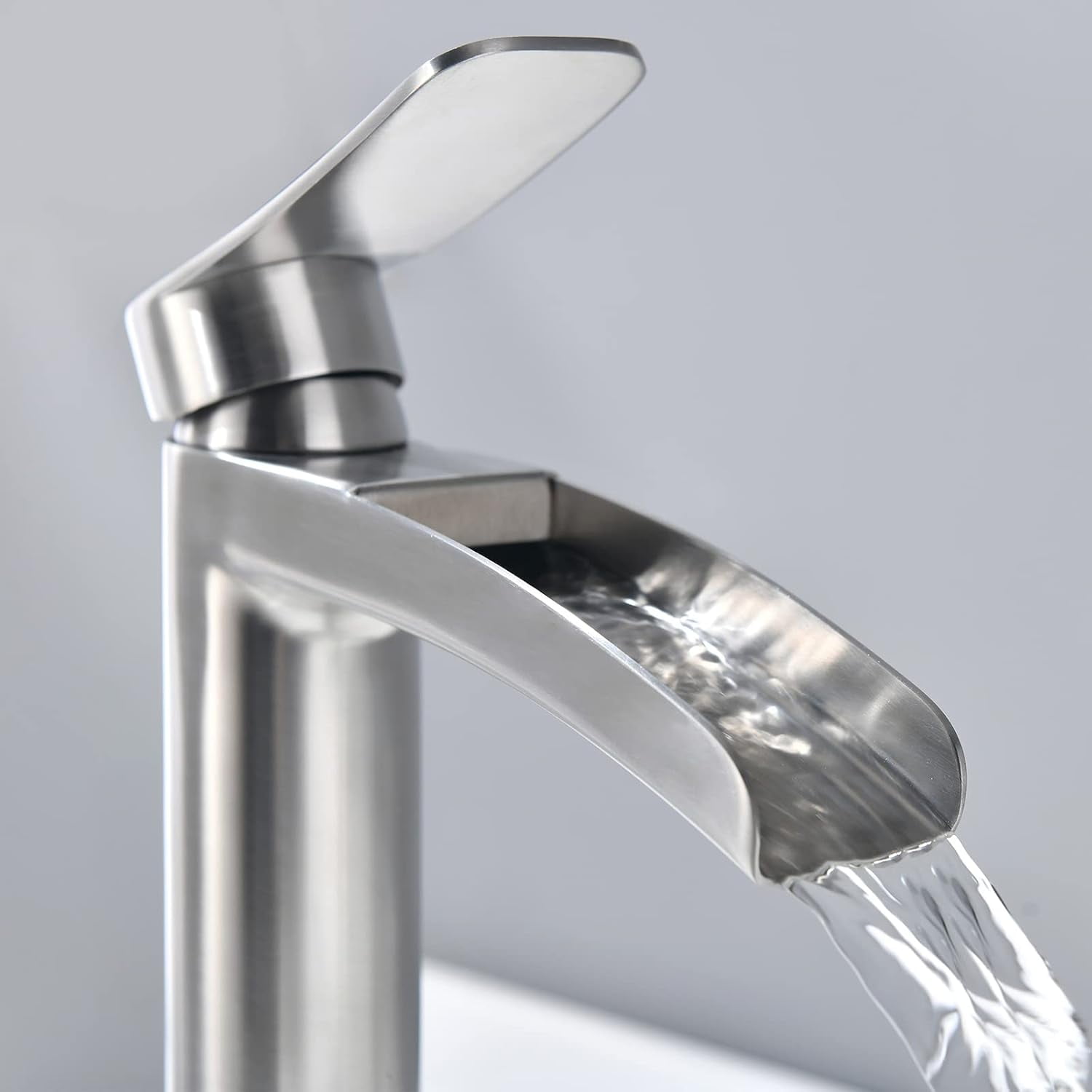 Brushed Nickel Tall Bathroom Vessel Sink Faucet, Single Hole Single Handle Waterfall Modern Bathroom Faucet, with Pop Up Drain and Water Supply Line, NS-SF01-BN-V