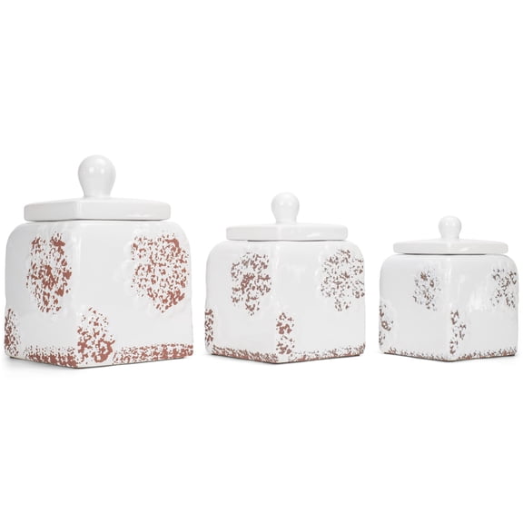 Drew DeRose Floral White 10, 9, 8 inch Ceramic Food Storage Canisters Set of 3 (38995)