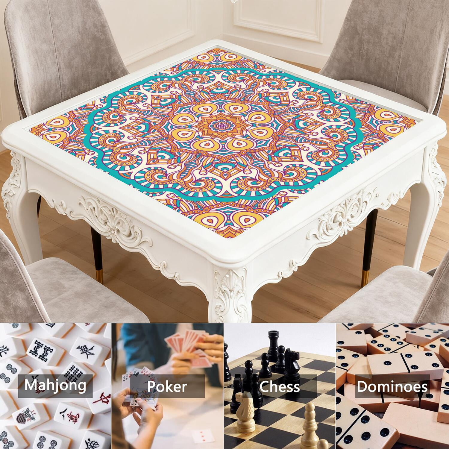 Mandala Mahjong Mat for Table, 31.5*31.5in Anti Slip American Mahjong Table Cloth, Noise Reduction, Neoprene Mah jongg Mat with Carrying Bag & 3 Dices, Mahjong Accessories Gift, Board Tile Games Mats