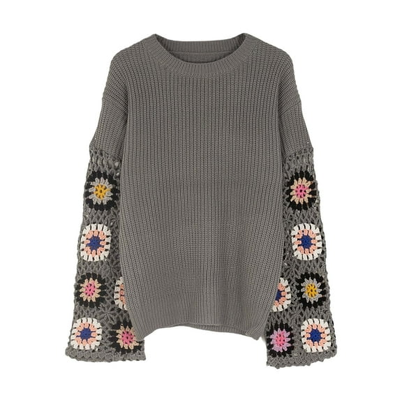 XPMWRP Women's Hollow Out Floral Embroidery Long Sleeve Sweaters Crew Neck Ribbed Knit Loose Pullovers Casual Fall Tops Gray S