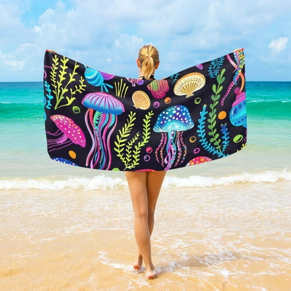 Magic Jellyfish Beach Towel Camping Towel Microfiber Oversized 37" x 74" Absorbent for Seaside Camping Swimming Fitness