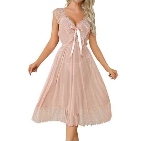 Annhoo Women Lingerie Lace Nightdress Mesh Chemise Sleeveless V Neck Elegant Sleepwear Pajamas Dress Home Clothing