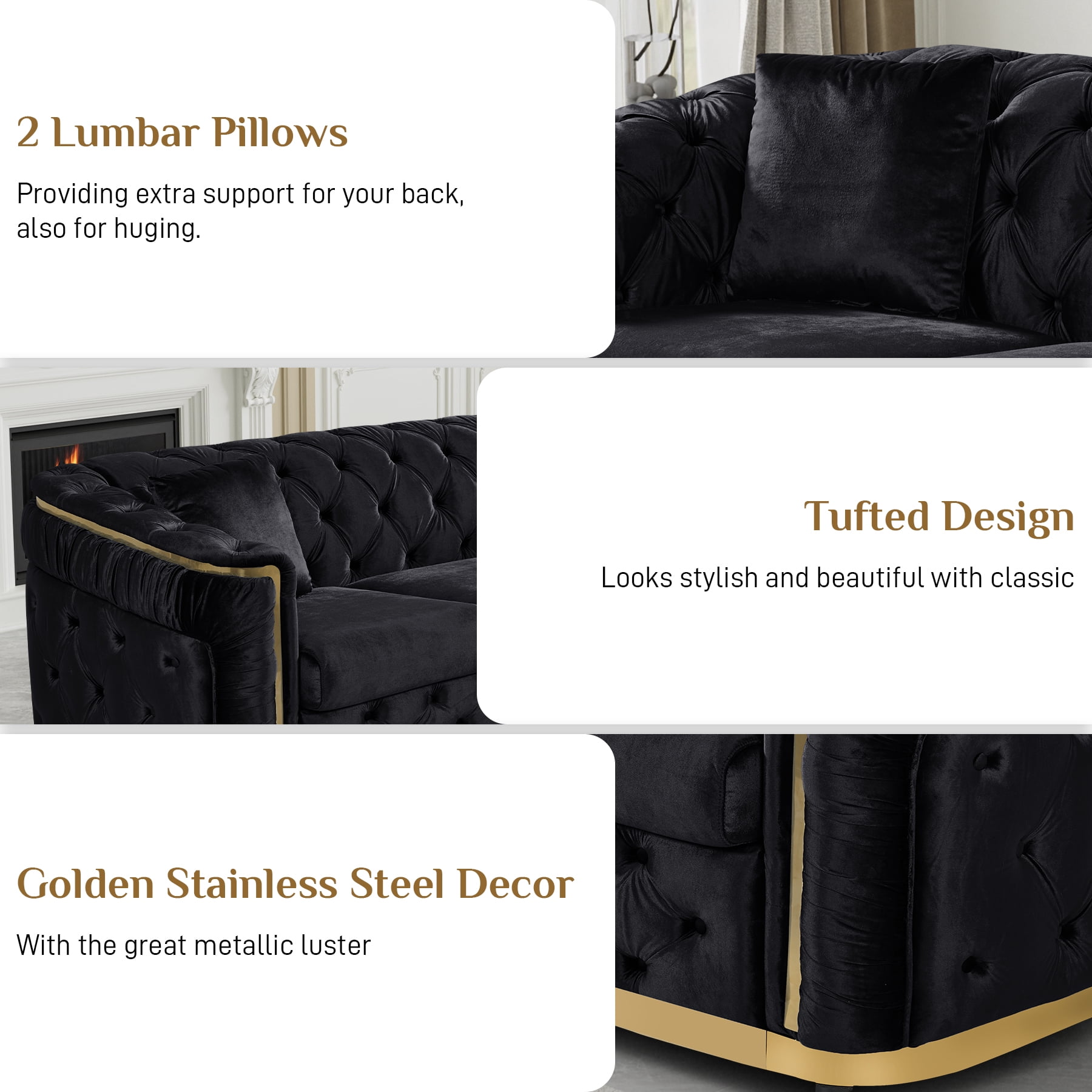 Wiilayok 84.6" Velvet Button Tufted Sofa,Mid-Century Classic Chesterfield Sofa Couch with Thick Backrest&Armrest,Gold Steel Accents,3 Seat Sofa Couches for Living Room,Black