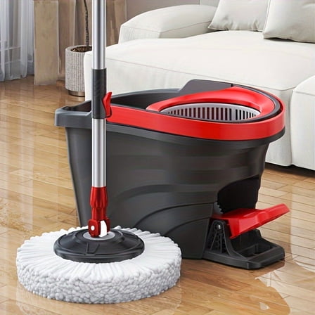 EasyWring Spin Mop & Bucket Set – No-Splash Dual-Drive System with 2 Microfiber Heads, Adjustable Handle & Red Bucket – For Floors in Kitchen, Bathroom & Living Room