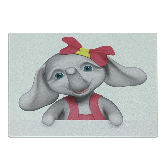 Animal Cartoon Cutting Board, Cheerful Girl Smiling 3D Style Happy Print, Decorative Tempered Glass Cutting and Serving Board, Small Size, Yellow Grey Pink, by Ambesonne