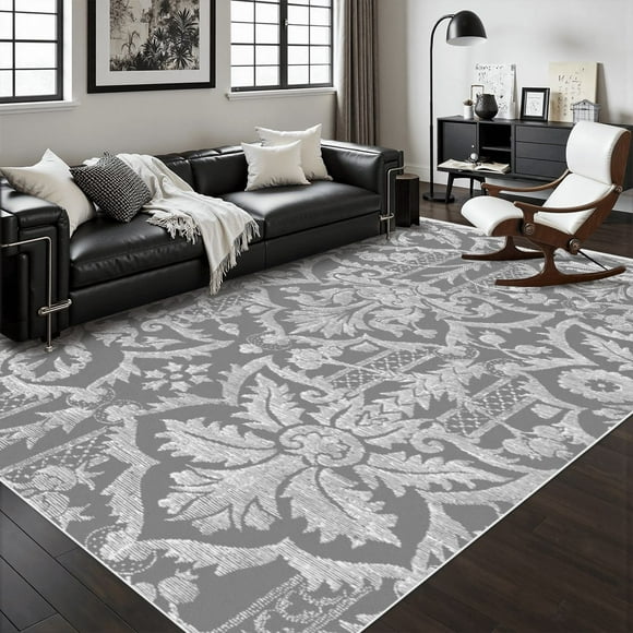 4'x6' Area Rug Vintage Grey Damask, Nonslip Indoor Area Rug