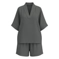 thumbnail image 6 of VBVC Women's 2 Piece Cotton-Linen Outfit Set,Short Sleeve Top and Elastic Waist Shorts for Women,Ladies Lightweight V-Neck Loungewear with Pockets,Dark Gray,S-3XL, 6 of 9
