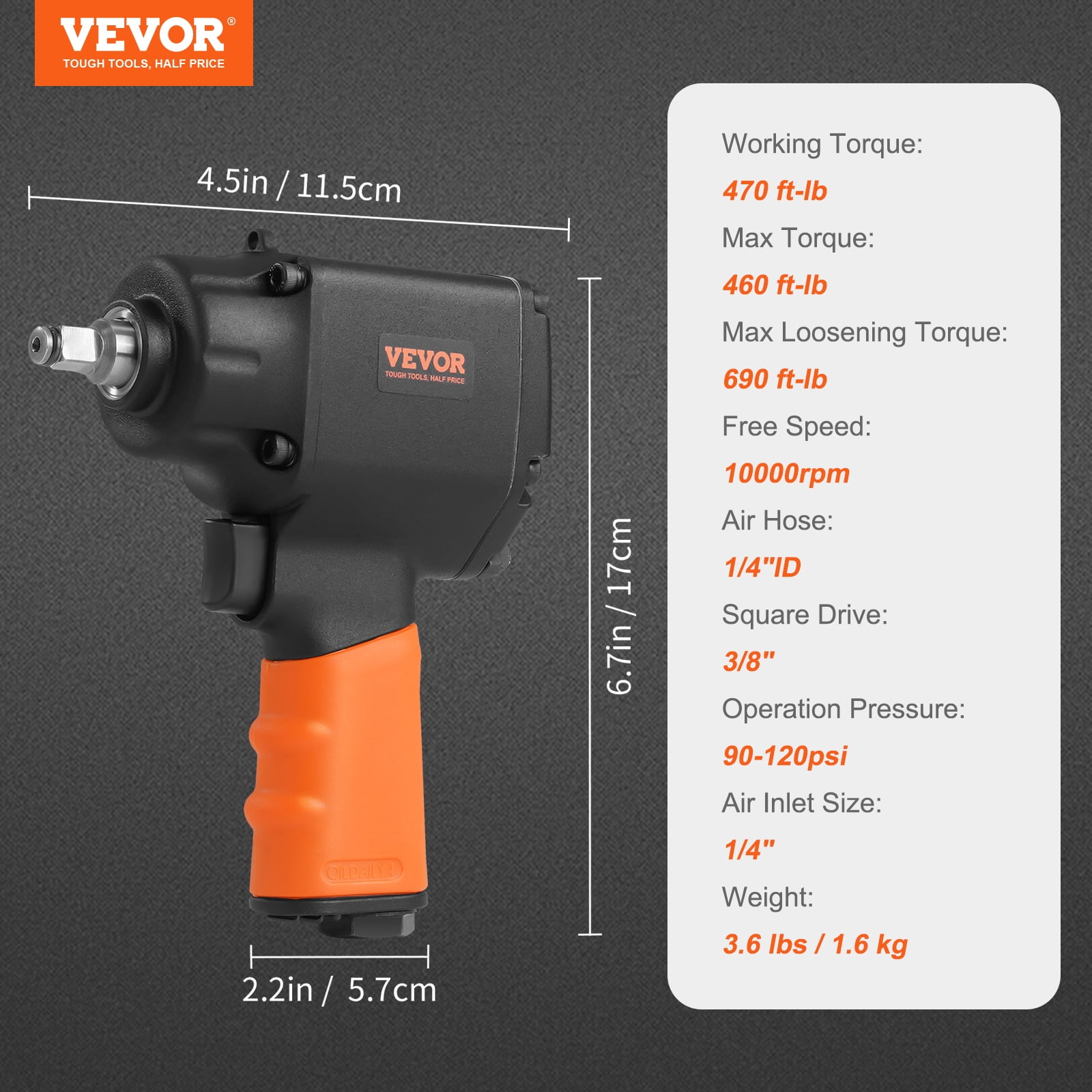 VEVOR Air Impact Wrench, 3/8-Inch Drive Air Impact Gun, Up to 690ft-lbs Nut-busting Torque, Lightweight Pneumatic Impact Wrench for Auto&nbsp;Repairs&nbsp;and&nbsp;Maintenance