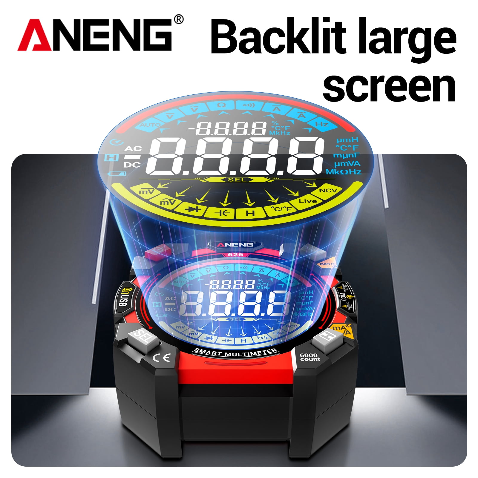 ANENG Smart Digital Multimeter 626 6000 Counts, AC/DC Voltage/Current, Resistance, Capacitance, Temperature, NCV Tester 1 Pack