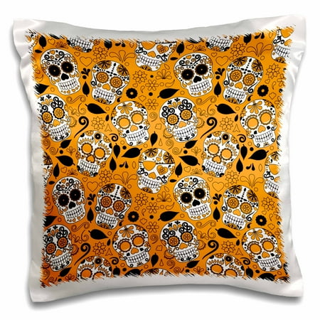 - 3dRose Orange, White, and Black Tossed Sugar Skulls Pattern - Pillow Case, 16 by 16-inch