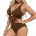 thumbnail image 6 of QUNYINEY Brown One Piece Tummy Control Swimsuit Women Slimming Monokini V Neck Cutout Ruched Swimwear, 6 of 7