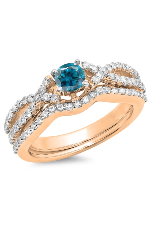 1.00 Carat (ctw) 10K Rose Gold Round Cut Blue & White Diamond Ladies Bridal Swirl Split Shank Engagement Ring With Match