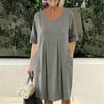thumbnail image 5 of Linen Dress Women Crew Neck Short Sleeve Tunic Boho Midi Dress Casual Summer Pleated Flowy Beach Vacation Knee Length Dresses with Pockets Jean Dress for Women Gray XXL, 5 of 8
