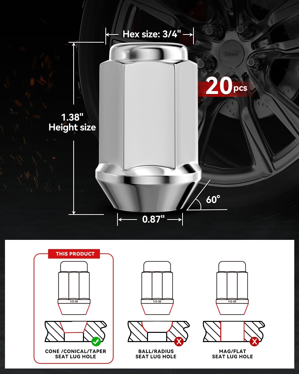 1/2x20 Lug Nuts 20pcs, Chrome 1/2''-20 Closed End Bulge Acorn Lug Nuts Set, 1.38" Tall 3/4" Hex One-Piece Solid Chrome OEM Factory Style Large Acorn Seat Wheel Nuts