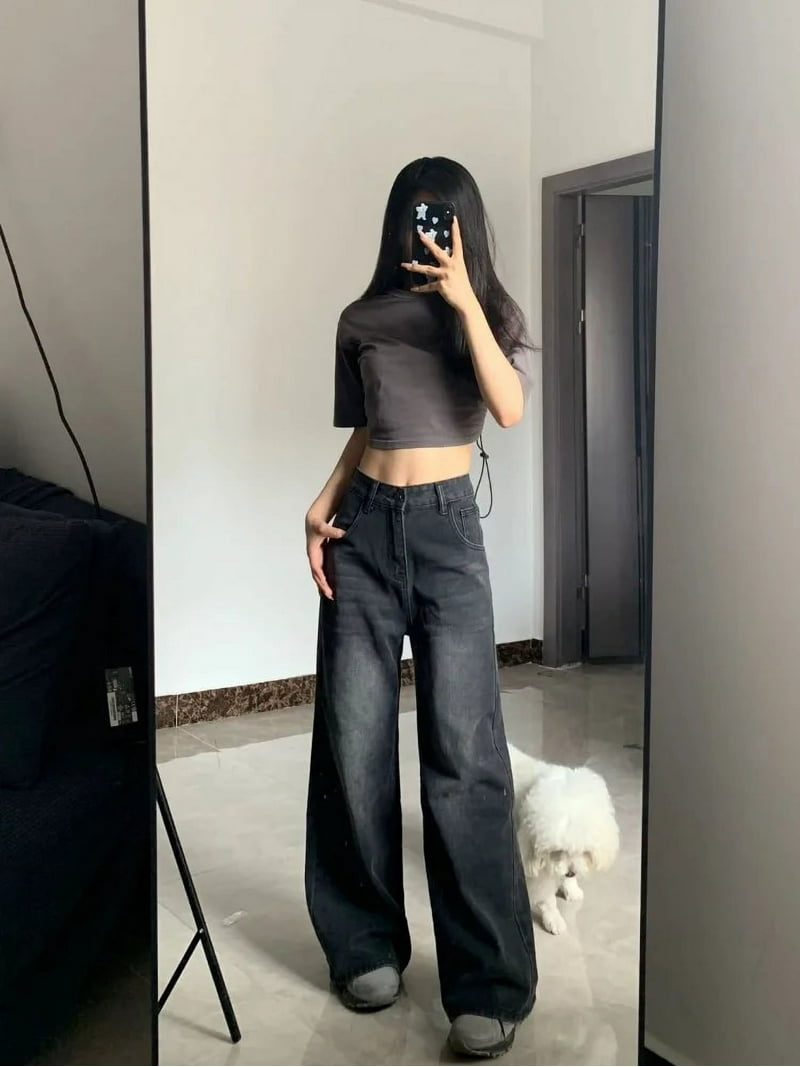 【WOOHWA】WASHED BLACK DENIM PANTS HOUZHOU Vintage Black Jeans Women High Waist Grunge Y2k 90s