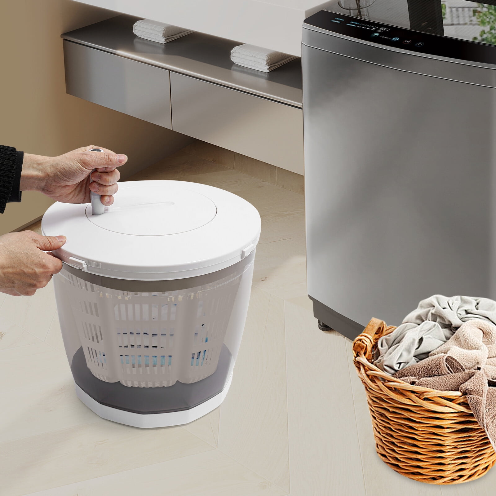 Hand Crank Washing Machine, 2 in 1 Non-Electric Washer Manual Traveling Outdoor Washing Machine Grey Mini Compact Washer Spin Dryer for RV Travel