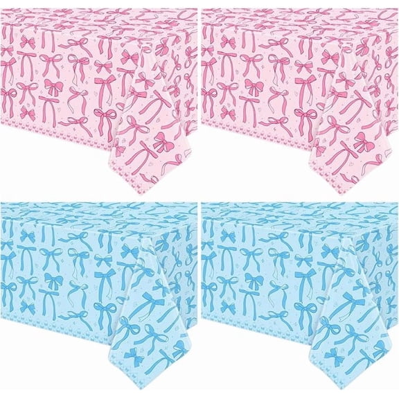 4 Pack Coquette Party Tablecloths Pink Blue Bow Plastic Table Covers 51 x 86 Inches for Birthday Bridal Shower