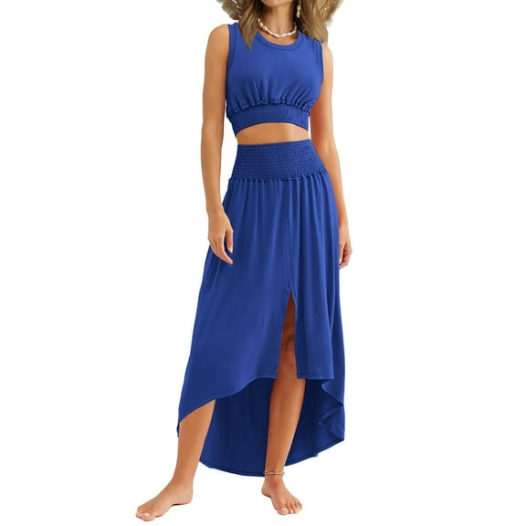 Womens 2 Piece Summer Outfits Crew Neck Croptops Casual Split Vacation Maxi Skirt Dress Set