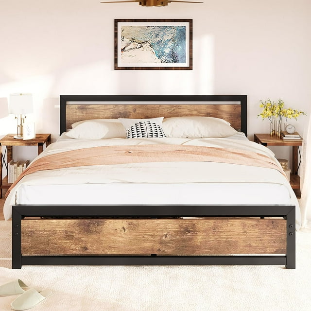 Kojooin Industrial Queen/King Size Bed Platform with Headboard No Box Spring Needed, Bed Frame, Industrial Queen Bed Platform with Headboard No Box Spring Needed