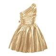 thumbnail image 2 of Raenseen Girls Shiny Party Dress With Belt One Shoulder A Line Summer Dress Patent Leather Look Modern Jazz Dance Outfits Gold 14, 2 of 7