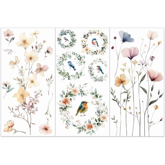 3-Pack Flower Rub-On Transfers - 6x12 Inch Bird Wreath Decals for Wood Furniture Home Decor for DIY
