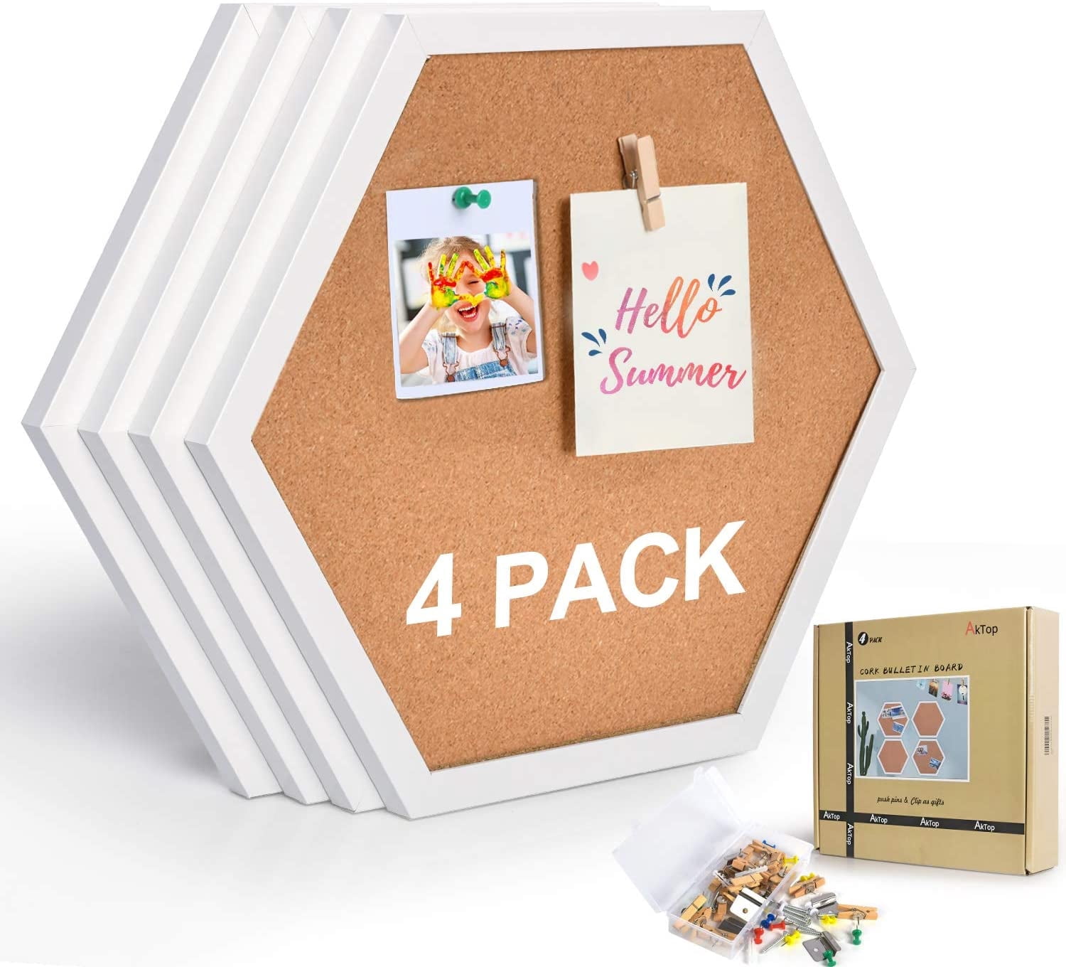 Cork Bulletin Board Hexagon 4 Pack, Small Framed Corkboard Tiles for Wall, Thick Decorative Display Boards for Home Office Decor, School Message Board with 16 Push Pin Wood Clips