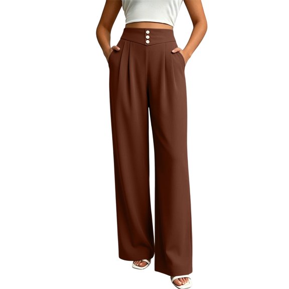 Mifsaly Casual Dress Pants for Women High Waisted Pleated Wide Leg Trousers Button Front Business Casual Work Slacks with Pockets Brown,M