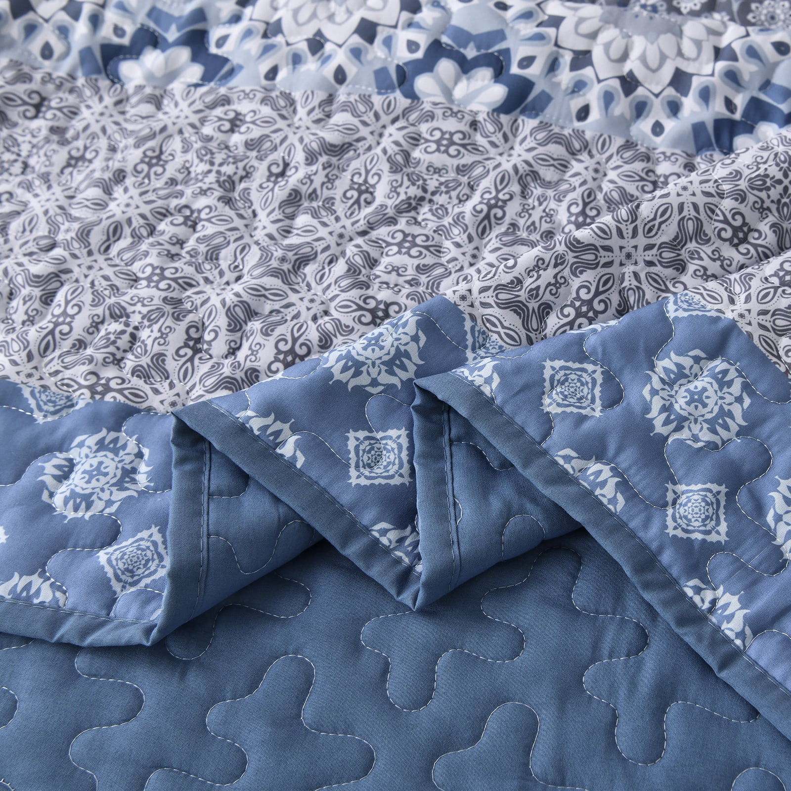 Dintszyayue 3Pcs Floral Boho Quilt Set Queen,Blue Bohemian Striped Patchwork Bedspread Adult(90"×96")